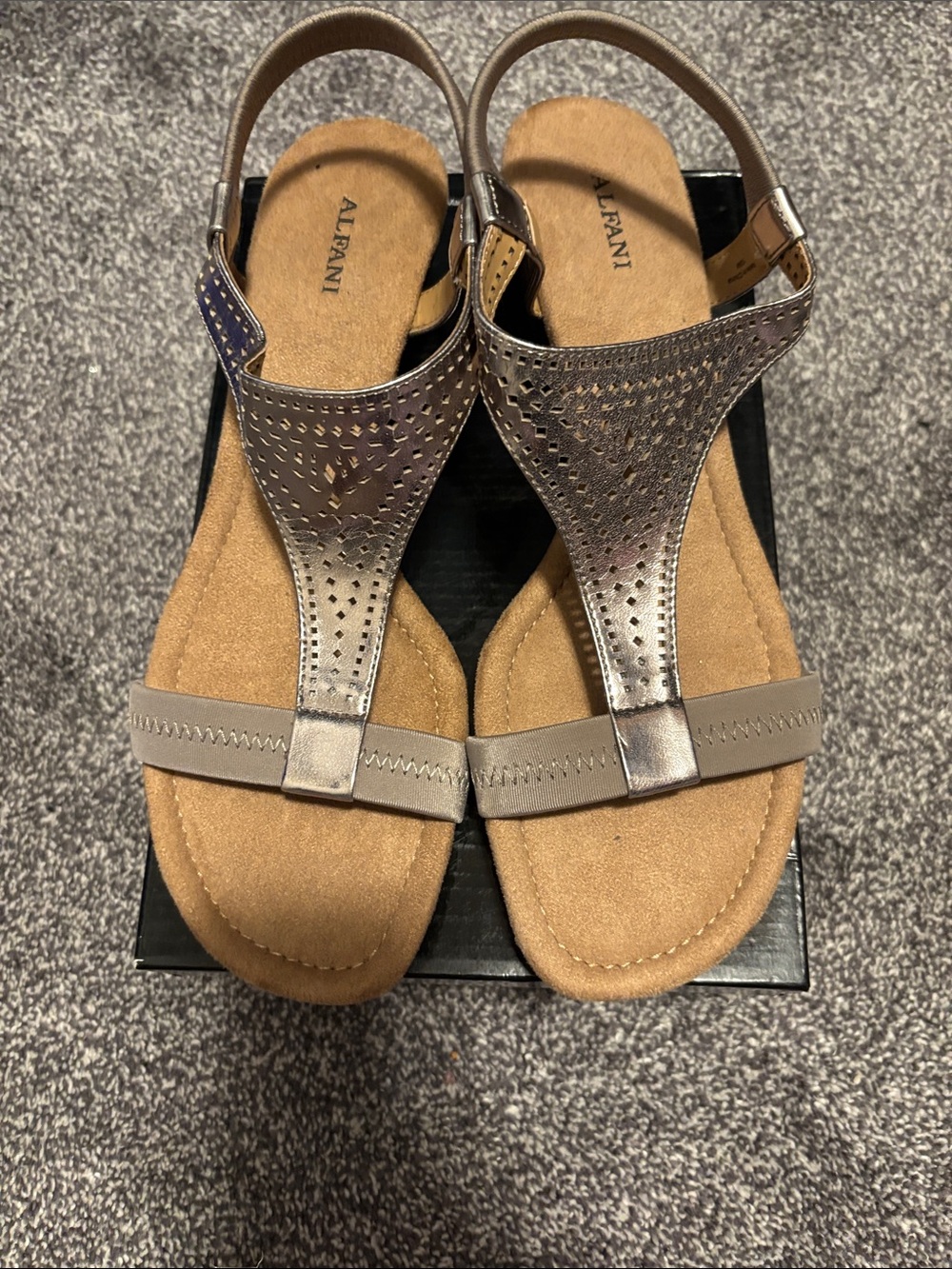 Alfani Women's Metallic Silver-Tone Perforated T-Strap Sandals